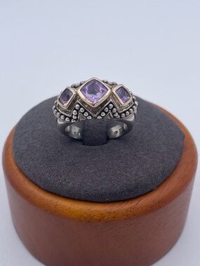 SLC Sterling Silver 925 & 14K Gold Amethyst Ring Three Stone Cushion Cut Ring s7
